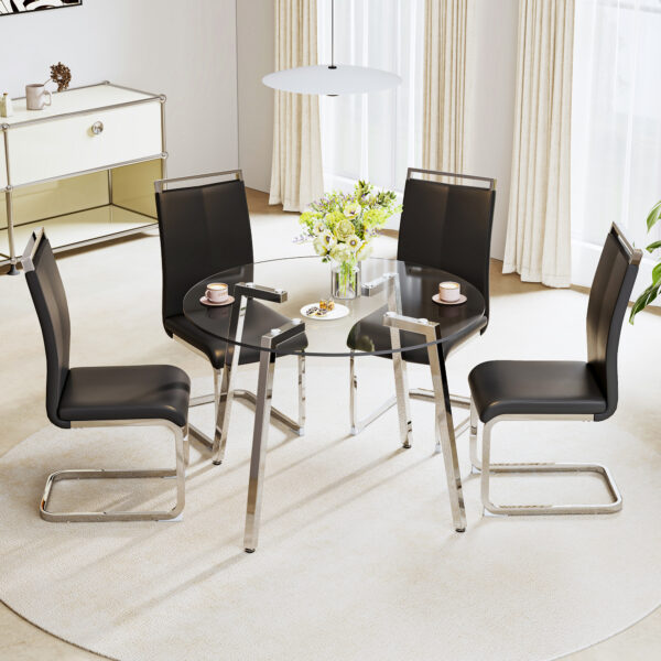 Modern minimalist style circular transparent tempered glass table, tempered glass tabletop, silver metal table legs, suitable for kitchen, dining room, and living room, 42 "* 42" * 29.5 "1123r