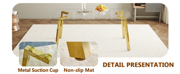 6a9e4a1ac88448918e13b9d390e5337b_45596365d9824e85ead7786b33b51df0 Table and chair set.71 * 35.4 inch rectangular dining table.Tempered Glass Tabletop,Golden 7-shaped Metal Table Legs.Paried With 8 Black PU dining chairs, Golden Metal Legs.Simple and versatile.