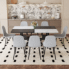 Table and chair set.71*35.4 inch White And Black Spliced Dining Table With Storage Function In The Middle Of The Table Legs.Paired With 8 Light Gray Linen Fabric Chairs.