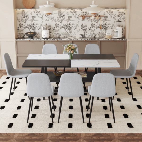 Table and chair set.71*35.4 inch White And Black Spliced Dining Table With Storage Function In The Middle Of The Table Legs.Paired With 8 Light Gray Linen Fabric Chairs.