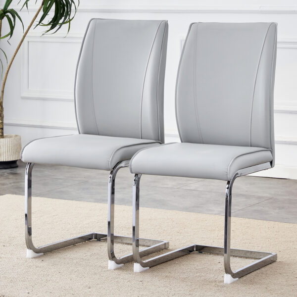 6ab523500f9148d8bea0ed5aa3e7f733_e3560c88bb5430260a7bcf68fbfe2b94 Luxury Simple Arch Chair - Set of 2 Light Gray PU Material High Resilience Dining Chair with Arched Metal Silver Leg.