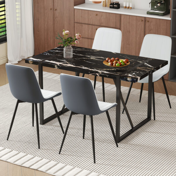 6abdafc18ba54a32b85cefc975edfc99_7799a3dc9e5fca613374637e87c63563 Table and chair set.Modern Black Marble Pattern MDF Dining Table Set-55"x31.4" with 4 Extended Seat Cushion PU Dining Chairs.White and Dark Gray Splicing Colors Cushion.Iron Pipe Spraying Chair Legs.