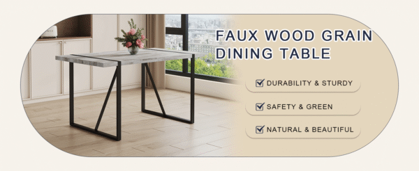 6aeaed6f77a0443ebda0912bd4f1243e_3591f70d03e9c923fe0791f9777529d5 Table and chair set.A minimalist retro rectangular dining table with a specially textured top and black metal legs.Paired With 6 White Artificial PU Chairs With Curved Widened Cushion Design.