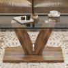 A modern minimalist style coffee table. Transparent tempered glass tabletop with wooden MDF columns. Suitable for living room and dining room.  CT-V