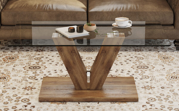 6b13a5ea7b714d9d8f0f4e88b0bf8f36_20240321_509144f5addae438dbbd46dfa5c4b739 A modern minimalist style coffee table. Transparent tempered glass tabletop with wooden MDF columns. Suitable for living room and dining room. CT-V