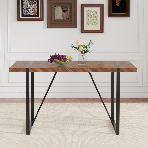 6b13f732ca104c26ba2c9ca79099b4b7_654d06a5ca9543a4f638db30c162e5ee A minimalist retro rectangular dining table with a specially textured top and black metal legs.Contemporary Minimalist MDF Dark Wood Textured Tabletop.Able To Give People A Visual Beauty With Rules.