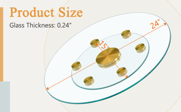 6b356292f8e5471c8fed837ba8649d8c_e89f508cb9f559af240067e4544252f4 Double layer rotatable round glass.Golden aluminum plate,The rotatable design makes it convenient to retrieve and place items.The upper glass has a diameter of 24 inches, the lower glass15 inches.