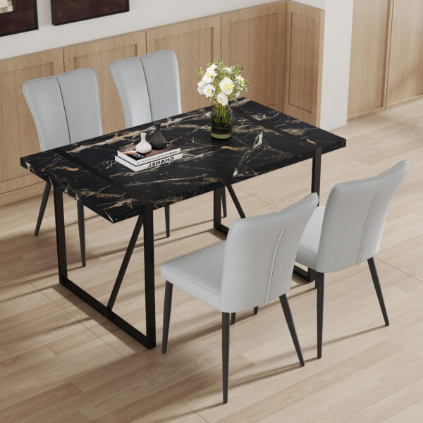 6b4122d163774e2982a64c8b7e65566d_6e04271630a87a0447dfb62705d5c4b4 Table and chair set.Modern Black Marble Pattern MDF Dining Set - 55"x31.4"with 4 Light Gray PU chairs with a vertical stripe design on the backrest.Suitable for kitchen,Dining room,etc