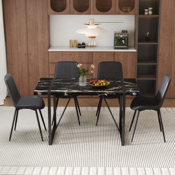 6b4493359a5142628d7777eb081e54b4_2e61d5dfcb31795f114e828e8eb81796 Table and chair set.Modern Black Marble Pattern MDF Dining Table Set - 55"x31.4" with 4 Extended Seat Cushion PU Dining Chairs.Black Cushion.Iron Pipe Spraying Chair Legs.