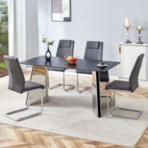 Table and chair set.63"x31.5x30" Black Marble-Patterned Slabs Tabletop with Stainless Steel Butterfly Legs.Paried with 4 Dark gray high-quality PU chairs with silver metal legs.
