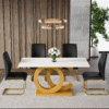 Table and chair set.Subtle Luxury Tempered Glass Dining Set - 63"x35.4" with 4 Black PU Material High Resilience Dining Chairs.Arched Metal Gold Leg.White imitation marble texture sticker Tabletop.