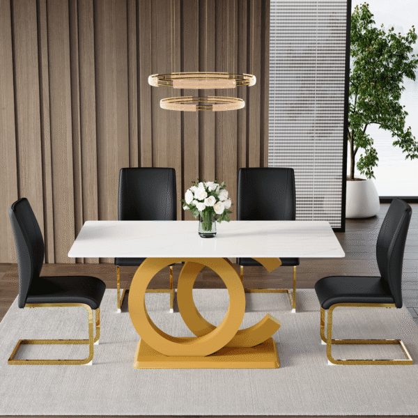 6b87b95ed0eb48659d3b9d164221093a_775822c57ff07ffff57ef64cf2ccb203 Table and chair set.Subtle Luxury Tempered Glass Dining Set - 63"x35.4" with 4 Black PU Material High Resilience Dining Chairs.Arched Metal Gold Leg.White imitation marble texture sticker Tabletop.
