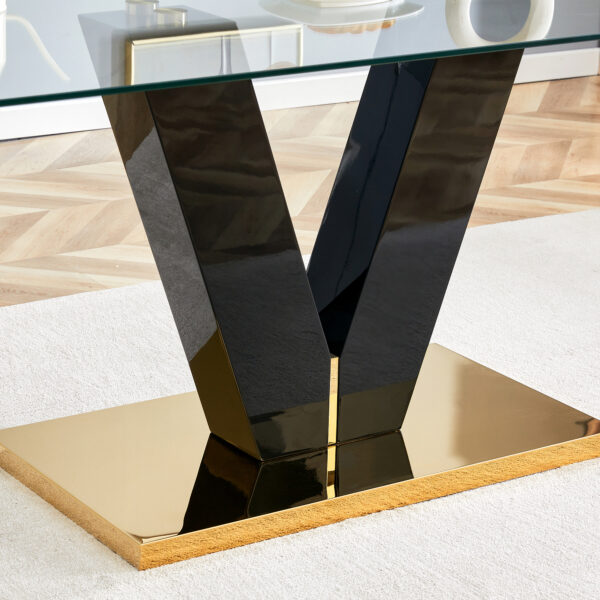 Large Modern Minimalist Rectangular Glass Dining Table for 6-8 with 0.4" Tempered Glass Tabletop and MDF slab V-Shaped Bracket and metal base,For Kitchen Dining Living Meeting Room Banquet Hall F-V