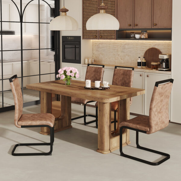 6ba57ea5be604e1394592fde82053385_8829271aaa1756b48d3fa133df1b5124 Table and chair set.64.5 x 35.4 Inch Stylish Wood Color Textured Dining Table.Perfectly Blending Simplicity And Transparency.Paried With 4 Brown technology fabric chairs with arched black legs.