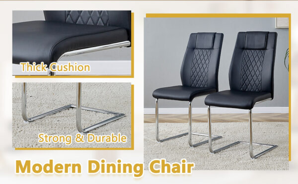 6bbf00bdc8c74086b2a03a0ed3b9b9ee_c95cfd9f35e7144af6eae0773e7cefe5 Table and chair set.55"x31.4" Cream-Style White MDF Dining Table Set with 6 Black Chairs With Silver Metal Legs.MDF Tabletop and metal frame legs.Adding a warm and gentle atmosphere to your family.