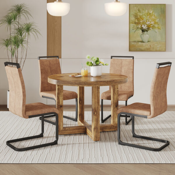 6bc40b48e2f548ea9a4c8e213eccbf66_20240222_370b901815a6b009857a92d09ac1fd52 A modern and practical circular dining table. Made of MDF tabletop and wooden MDF table legs. 4-piece technology cloth high backrest cushion side chair, C-shaped tube black metal legs. CT-403 C-1162