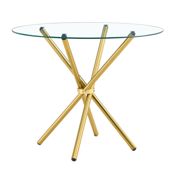 6bdbebe7e41749e6b62bb032a48078a2_c66cfde5f017516803fb57a0013270d5 Round clear glass dining table with a unique shape for 4-6 people, with ring-shaped gathered gold metal legs, suitable for desks, kitchens, terraces, dining rooms.