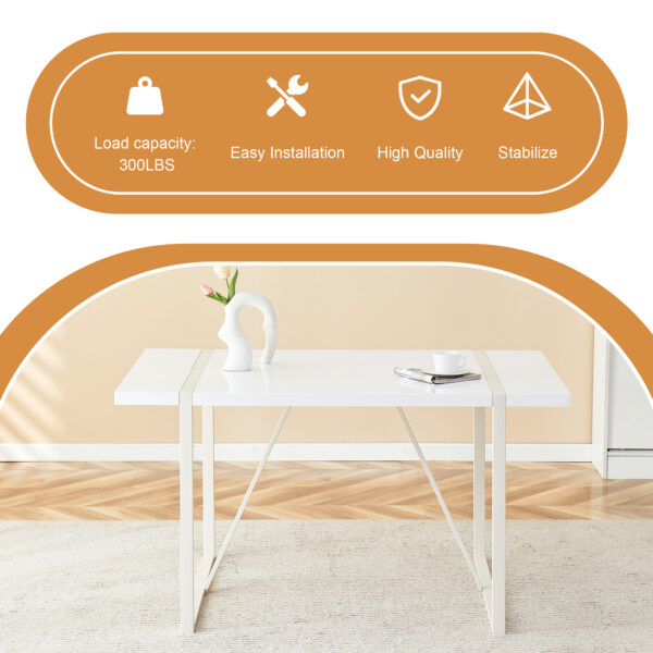 6c01c72455f6476a9d85ad0c5b9f8b5c_4f70080252e7c2ba2ba42480c7368e98 Industrial rectangular MDF Cream style dining table for 4-6 people with 1.5 inch thick MDF top and white metal legs frame for work desk, kitchen, terrace, dining room