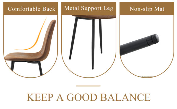 6c1687da62eb432ab514e068f4780620_48a30040a7464fb5679ece12041e3a32 Table and chair set.63"x35.4" Wood-Textured MDF Dining Table with Black A-Frame Legs.Paired with 4 Brown Technology Fabric Round Corner Dining Chair.Density Board Sticker,Iron Pipe Spraying,