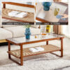 Modern simple rectangle double-layer Walnut color solid wood Glass desktop tea table rattan woven Chinese side table small rectangle table suitable for living room, dining room and bedroom
