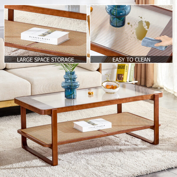 6c4fa86725c34479996e9c8d78cd6f4b_20230612_e1986b269045c1a270b40754025fe177 Modern simple rectangle double-layer Walnut color solid wood Glass desktop tea table rattan woven Chinese side table small rectangle table suitable for living room, dining room and bedroom
