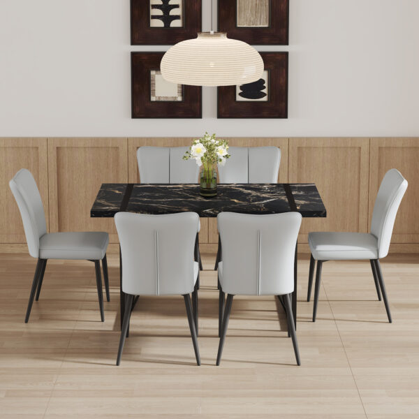 6c5d2915d4144fc8b402a8dbb4969586_7ac8c6f25f3a5f0172aeb80f58e19a8f Table and chair set.Modern Black Marble Pattern MDF Dining Set - 55"x31.4"with 6 Light Gray PU chairs with a vertical stripe design on the backrest.Suitable for kitchen,Dining room,etc
