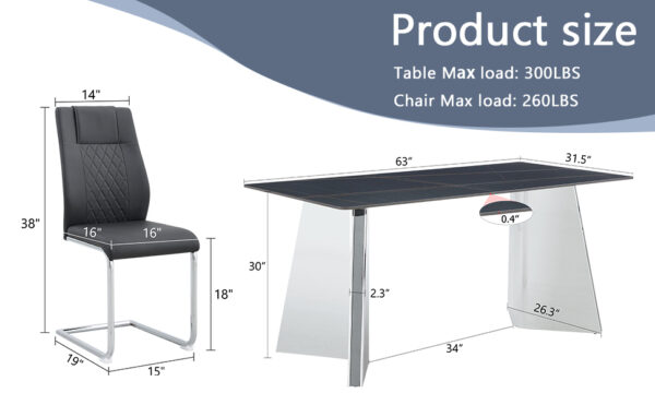 6c5f3784639e46f19a1993e5376c5bd4_a1b0fb87d8c21407b31c43806fe7afb2 Table and chair set.63"x31.5x30" Black Marble-Patterned Slabs Tabletop with Stainless Steel Butterfly Legs.Paried with 6 Black high-quality PU chairs with silver metal legs.