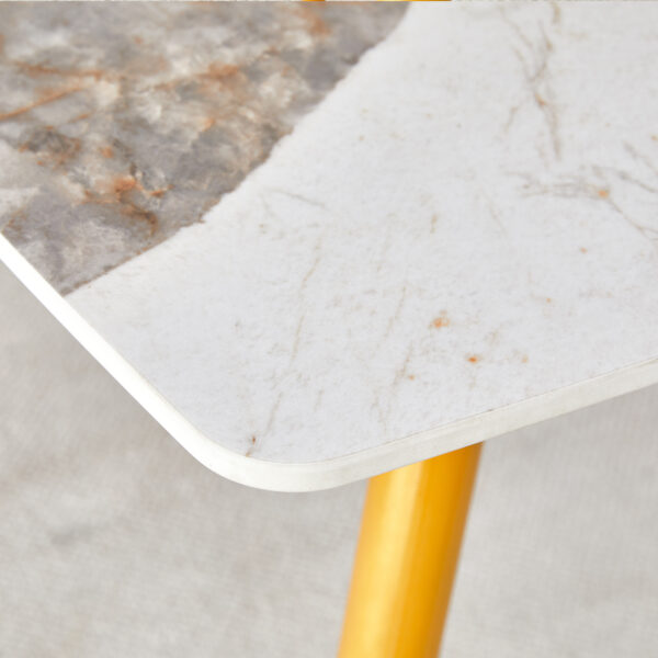 6c83c2f8f75c46a79e053360b275415b_7a8dce46116a01d9fb342c5b13f65144 Modern minimalist dining table. White imitation marble pattern SINTERED STONE desktop with golden metal legs.62.2"*34.6"*30" F-001