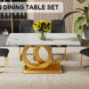Table and chair set.Subtle Luxury Tempered Glass Dining Set - 63"x35.4" with 4 Black PU Chairs with golden C-tube metal leg.Arched Metal Gold Leg.White imitation marble texture sticker Tabletop.