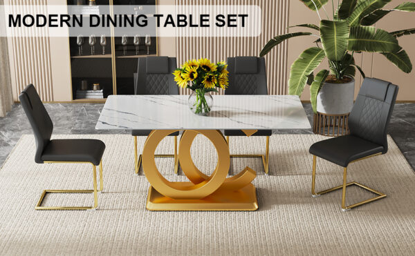 6c8ddbe46cfb49d09a6597ed6d692aa2_7fc54b0d6a53fb5c9ea2f3e15822c1af Table and chair set.Subtle Luxury Tempered Glass Dining Set - 63"x35.4" with 4 Black PU Chairs with golden C-tube metal leg.Arched Metal Gold Leg.White imitation marble texture sticker Tabletop.