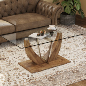 Modern minimalist transparent tempered glass coffee table with wooden MDF legs and stainless steel decorative columns. Computer desk. Game table. CT-907