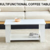 A modern and practical white coffee table. The double layered coffee table is made of MDF material,. Suitable for living room, bedroom, and study. CT-16