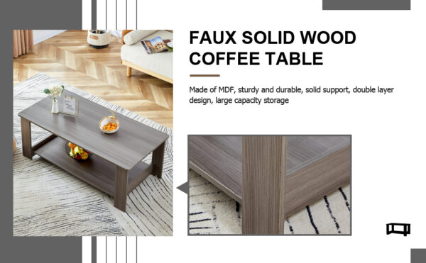 6ca5daee732e4bf9a7ebdfbaa8a67c6a_20231011_8a9597565d81e23c34d27d52d06d74a5 A modern and practical gray textured coffee table,tea table.Double layered coffee table made of MDF material,. Suitable for living room,bedroom and study room. 43.3"*21.6"*16.5" CT-16