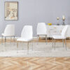 Set of Four White PU Comfort Dining Chairs (17.7"x25").Dining chair with extended backrest,WHITE PU,Silver metal legs,Suitable for various places such as family restaurants, hotels, coffee shops,etc.