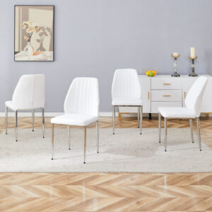Set of Four White PU Comfort Dining Chairs (17.7"x25").Dining chair with extended backrest,WHITE PU,Silver metal legs,Suitable for various places such as family restaurants, hotels, coffee shops,etc.