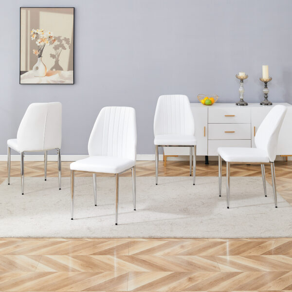 6cdf515c38d740b8b931a5eccf21b941_fac44d581859dae073dedb198d49b013 Set of Four White PU Comfort Dining Chairs (17.7"x25").Dining chair with extended backrest,WHITE PU,Silver metal legs,Suitable for various places such as family restaurants, hotels, coffee shops,etc.