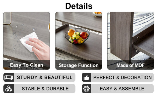 6d2d50ad81ea404b967fab67e2e90d9e_20231011_2a62a291216508920a96181787533448 A modern and practical gray textured coffee table,tea table.Double layered coffee table made of MDF material,. Suitable for living room,bedroom and study room. 43.3"*21.6"*16.5" CT-16