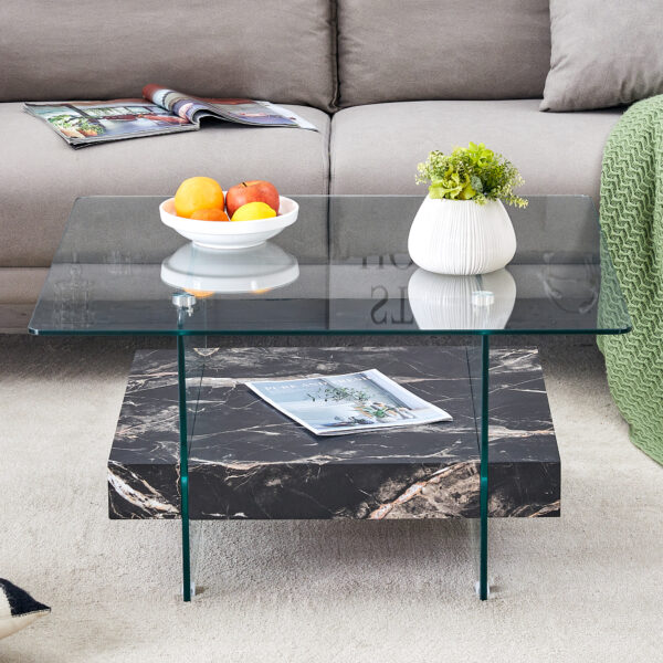 6d320bc5e3bc4a5284126f517edf135c_4f76b9e85529add12d9d71c133ad2e2a 31.4 Inch Modern Two-Tier Square Coffee Table - An Elegant Combination of Clear Glass and Black Marble Pattern Sticker.It can be used as a coffee table,a side table or a display stand.