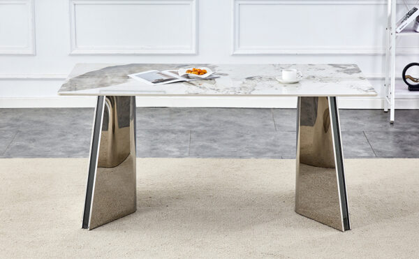 6d3ebd84ae7e4dc0a336ba0e304dbc86_b48ffdf55e0d1d0f7de6978ad763ba1c 63"x31.5x30" Pandora Patterned Rock Slab Dining Table with Silver Stainless Steel Butterfly Legs.The tabletop is designed to be scratch and heat resistant.Slabs Tabletop,Stainless Steels Legs.