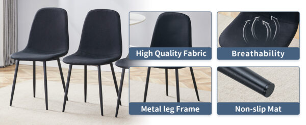 6d48939955274373a4d0d3df29baad22_926f3e1217aefaad7f4e4df481385b36 Table and chair set.A Modern Minimalist Circular Dining Table With A Diameter Of 33.3 Inches.Paired With 4 Black Linen-Cotton Material High Resilience Dining Chair with Metal Black Leg.