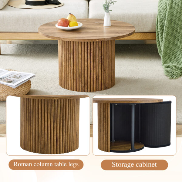6d48a56e77304b6fab52876a27e71d45_8383be6b4a3b19e74c1381465dfb5793 A modern circular coffee table with a diameter of 27.5 inches interprets home aesthetics and practicality. MDF material,cylindrical table leg design.Becoming the visual focal point of home decoration.