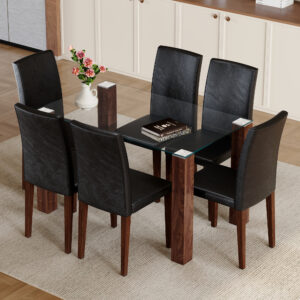 Table and chair set.A 49.6*30 Inch Transparent Tempered Glass Dining Table With Walnut Wood Grain MDF Legs.Paired With 6 Black PU High Resilience Dining Chair with Metal Leg.Simple And Versatile.