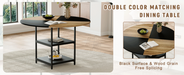 6d502b0bba1140dc9f3853eb22e4d888_a10f5dd75b03c731779f1cdf7ea32227 Table and chair set. A 47.3-inch diameter modern spliced color circular dining table - double-layer storage.Paired With 4 Black Linen-Cotton Material High Resilience Dining Chair with Metal Black Leg.