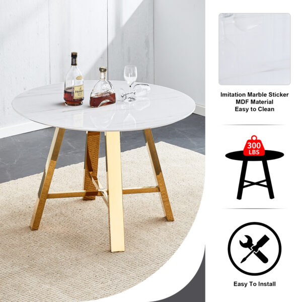Modern minimalist white patterned circular dining table and coffee table. MDF desktop, diameter 42 inches, stainless steel metal legs, suitable for home and office use