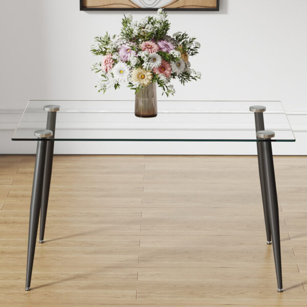 6d8031a722754896bb51cb40610ab3e6_20240319_1f79cd6ce6e7d130e645cabfa75933e7 Modern rectangular glass dining table, suitable for 4-6 people, equipped with tempered glass tabletop and black metal legs, writing desk, suitable for kitchen, dining room, and living room.W1151S00805