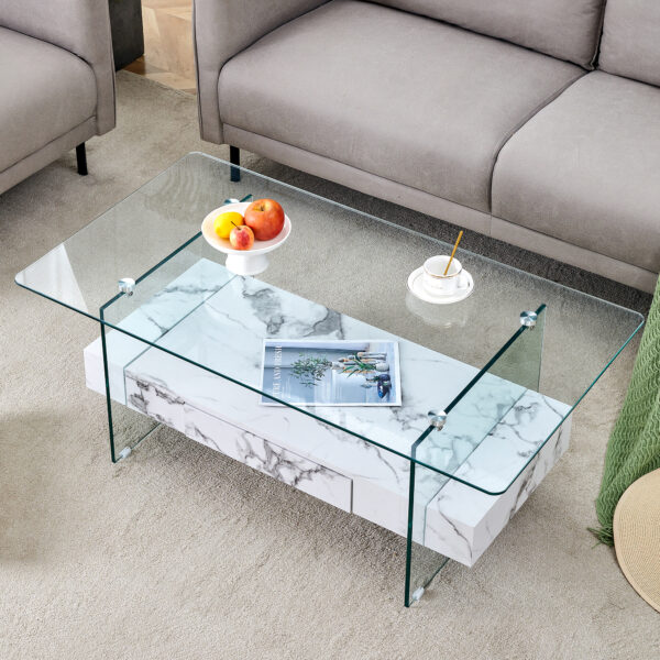 6d890587fd1b409ba2b14af45cffbc36_cf6d2c9134c0325c50814700e7dcc1ce 43.3 Inch Modern Two-Tier Coffee Table - Clear Tempered Glass and White Marble Texture, Multifunctional Storage Design.The bottom tier includes a drawer.Can be used as a coffee table,side table,etc.