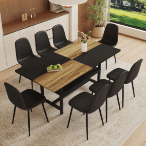Table and chair set.71*35.4 inch Wooden And Black Spliced Dining Table With Storage Function In The Middle Of The Table Legs.Paired With 8 Modern Mid-Century Style Upholstered Side Black PU Chairs.