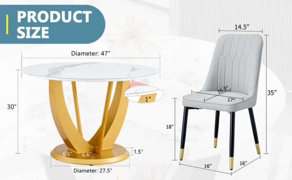 6dbfd3b76ddc4aa7bf79d8dcfc2609d0_a87aa9ed27e77d647b1612e6c3d287f0 Table and chair set.Luxurious Snow Mountain White Slab Round Dining Table Set - 47"x47" with 4 Light Gray PU Chairs.Sintered Stone Tabletop,MDF Table Leg,