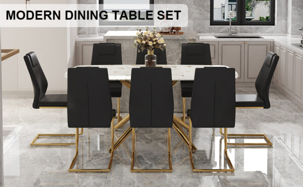 6dca2c8a641e4ec1b50470577e27c075_af6e2ae6abf40d42ea73d51e23ef92b5 Table and chair set.Modern Luxurious Tempered Glass Dining Table Set with Gold Metal Legs and 8 PU Chairs.White marble-patterned sticker tabletop,black chairs with gold metal legs.