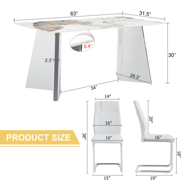 6dd35c9b66824aff854ba736ff745861_36b3c9fc19b09b1b00f5d0835df3bcf7 Table and chair set.63"x31.5x30" Luxurious Pandora patterned Sintered Stone Tabletop with Silver Stainless Steel Butterfly Legs.Paried With 6 White High-quality PU Chairs With Arched Metal Legs.